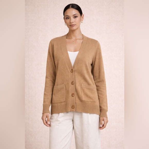 Banana Republic Camel Wool Cashmere Cardigan Size M Button Front Minimalist - Picture 1 of 15